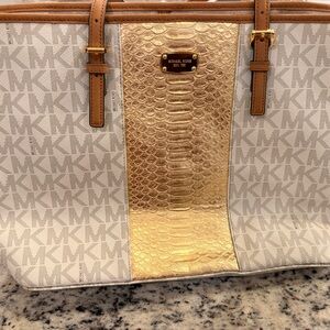 Michael Kors Gold and White Tote Bag